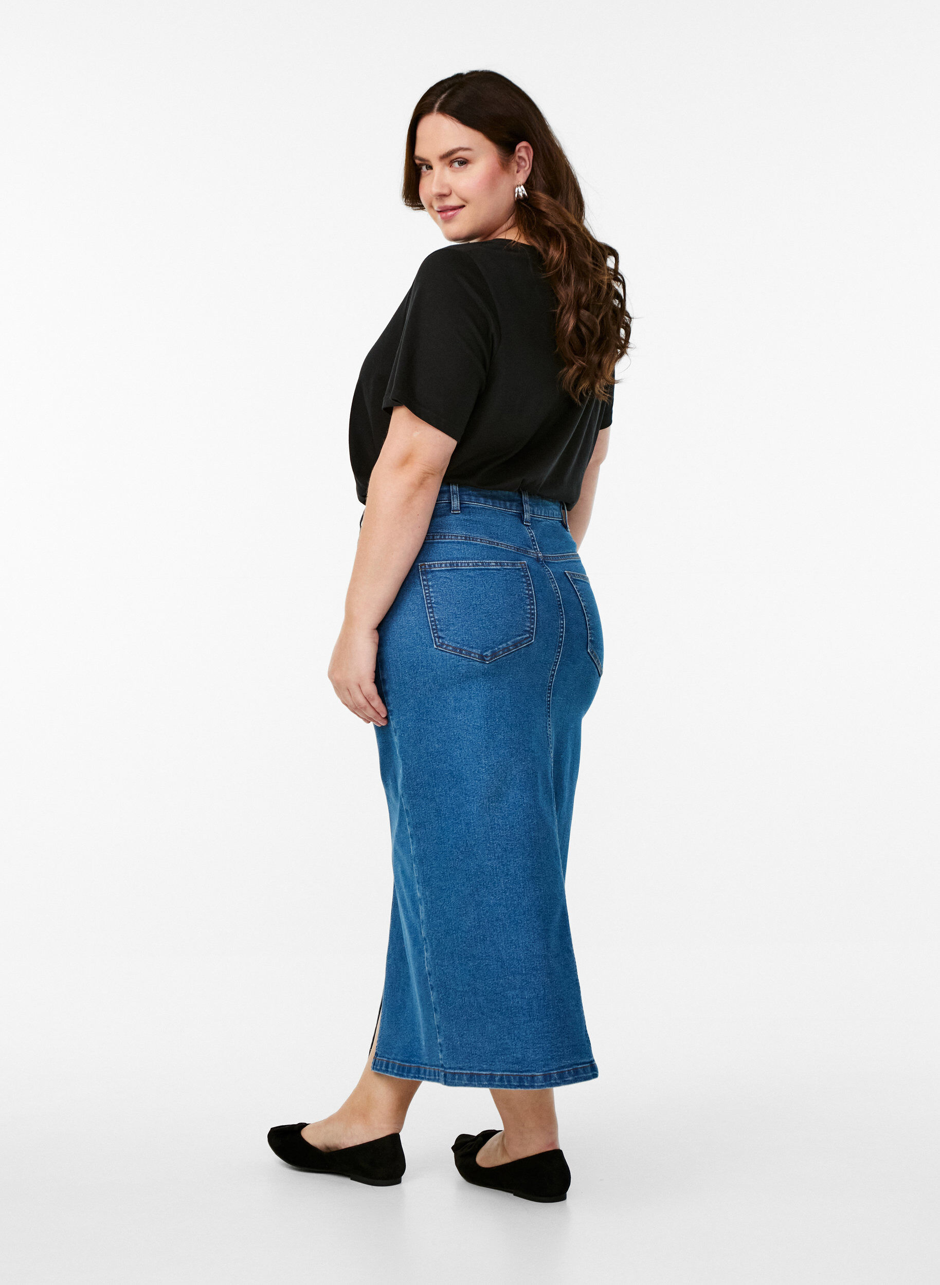 ZizziFLASH - Halflange denimrok met een voorsplit, Blauw, Model image number 1