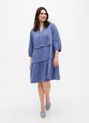Katoenen jurk met 3/4 mouwen en ruches, Moonlight Blue, Model image number 2