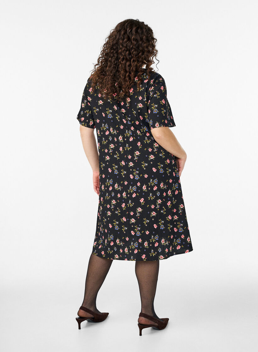 Jurk met korte mouwen en een V-hals, Zwart, Model image number 1
