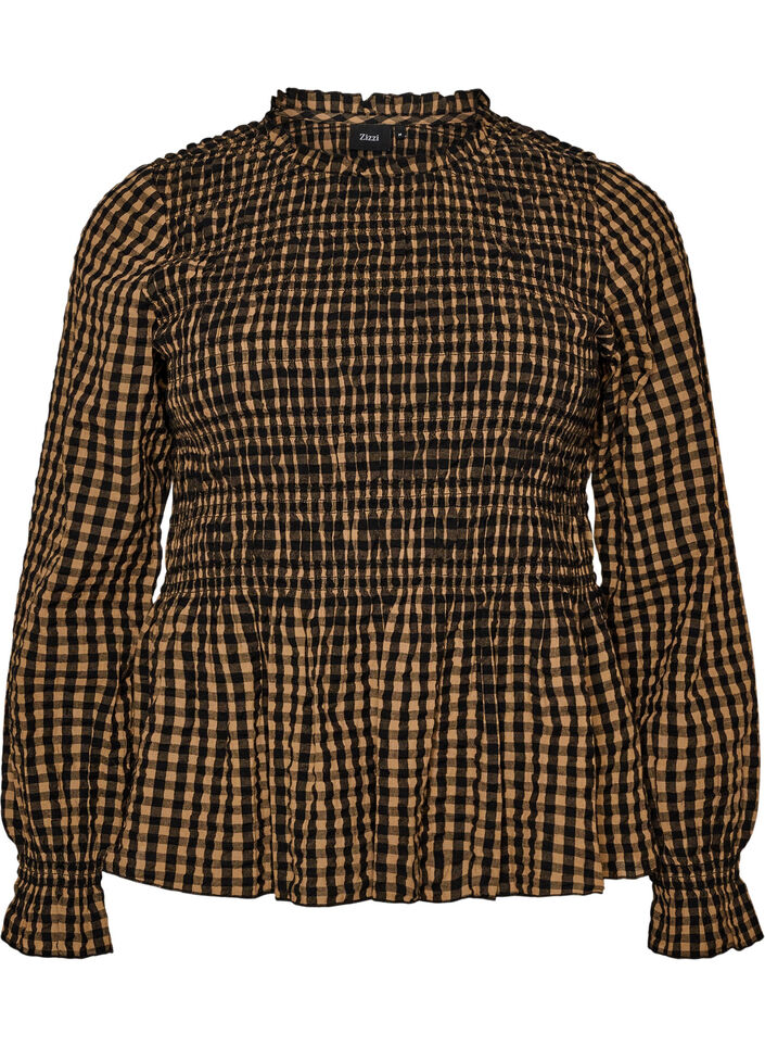 Blouse &agrave; carreaux avec smocks et basque, Marron, Packshot image number 0
