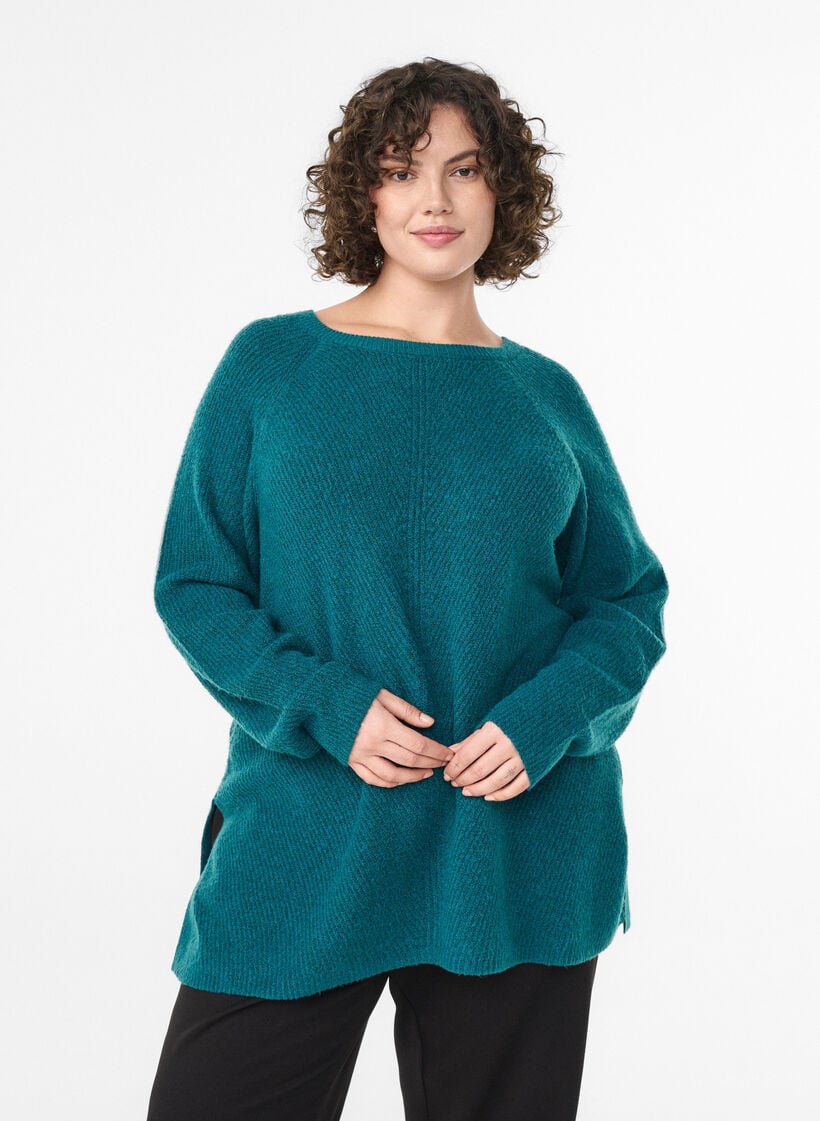 Pull en maille &agrave; motif diagonal et manches raglan, Vert, Model image number 0