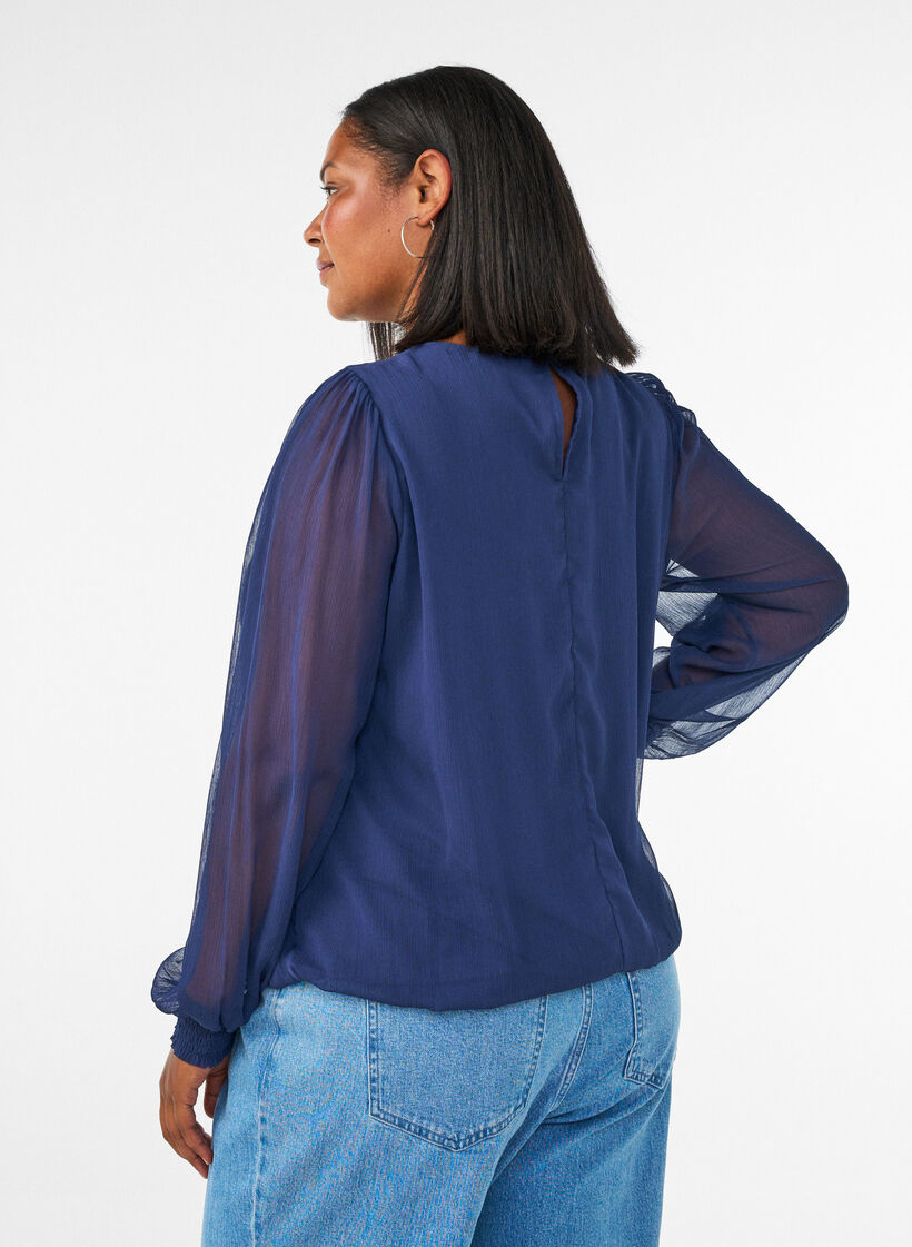 Blouse en mousseline avec manches transparentes, Bleu, Model image number 2