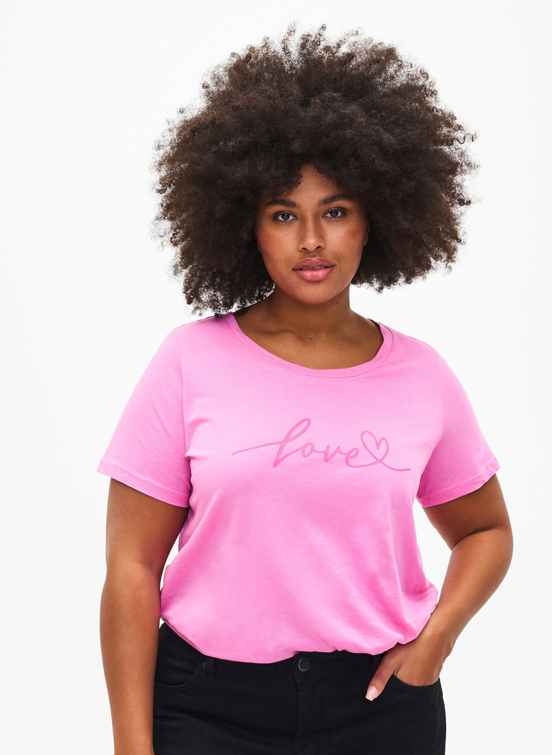 ZizziKatoenen T-shirt met ronde hals en print, RoseBloom W. Love, Model image number 0