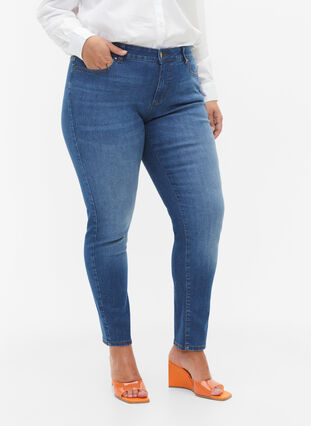Emily jeans avec taille régulière et coupe slim, Blue denim, Model image number 2