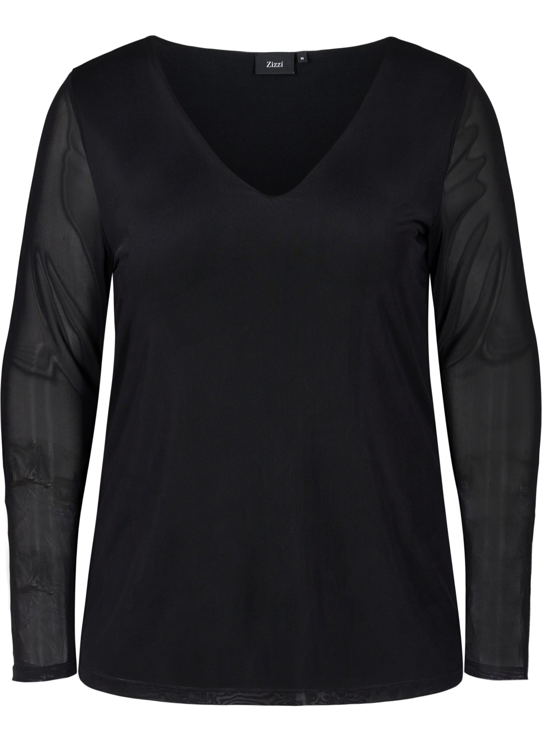 ZizziNauwsluitende mesh top met v-hals, Black, Packshot image number 0