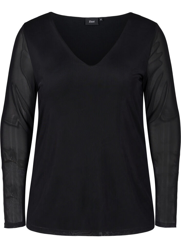 Nauwsluitende mesh top met v-hals, Black, Packshot image number 0