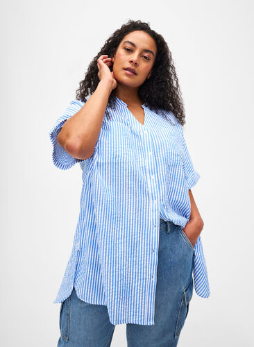 Gestreept overhemd met borstzakken, Light Blue Stripe , Model image number 0