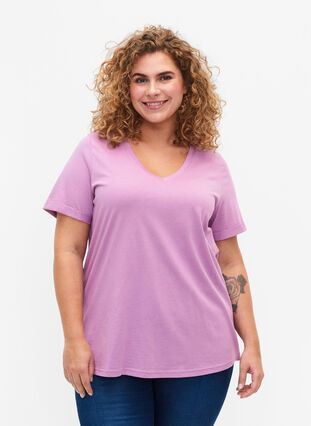 T-shirt en coton à encolure en V, Lavender Herb, Model image number 0