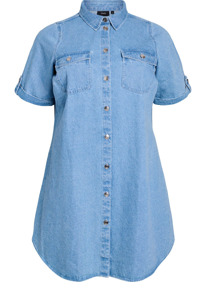 Robe en denim avec manches courtes et boutons, Bleu Clair, Packshot image number 0