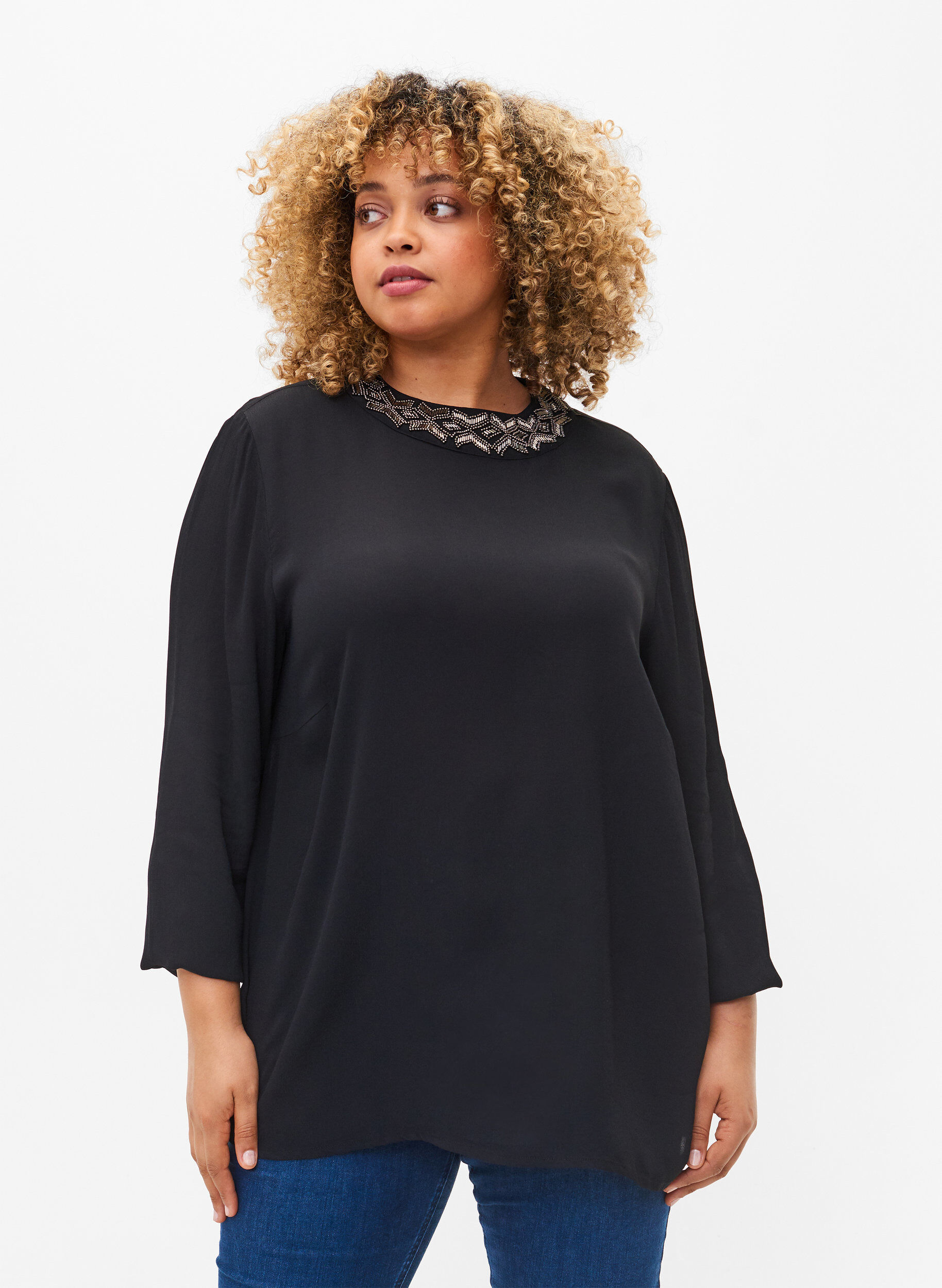 ZizziViscose blouse met lange mouwen en parels, Black, Model image number 0