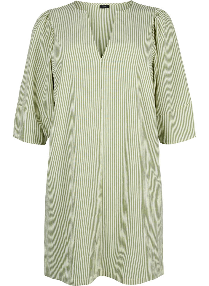 Gestreepte jurk met 3/4 mouwen, Green Stripe, Packshot image number 0
