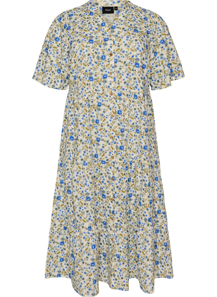 Robe midi en coton avec imprim&eacute; floral, Bleu, Packshot image number 0