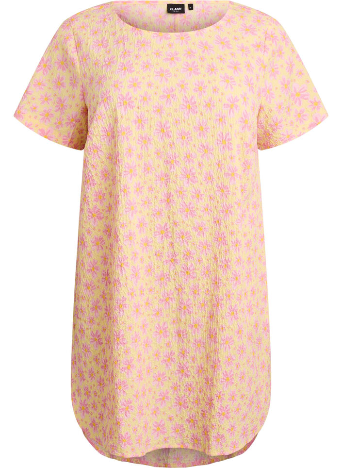 Korte jurk met een gekreukte textuur en korte mouwen, Geel, Packshot image number 0