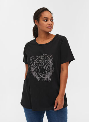 T-shirt en coton bio avec pierres, Black , Model image number 0