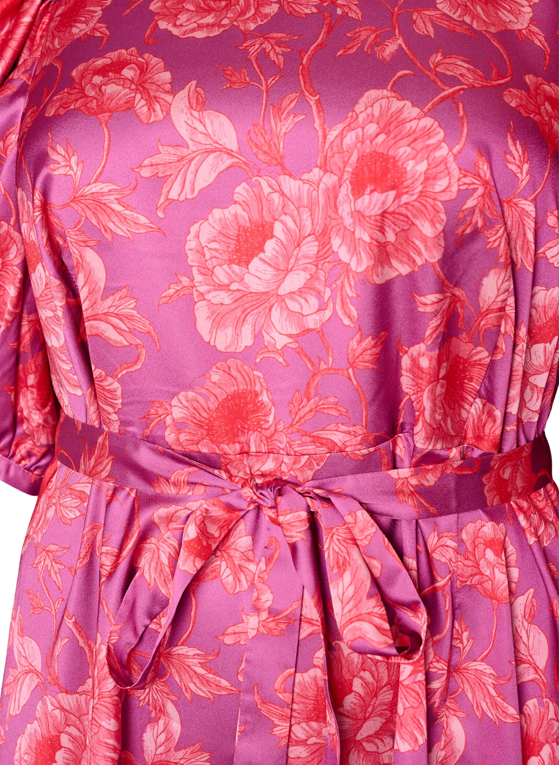 ZizziRobe &agrave; fleurs avec manches bouffantes et ceinture &agrave; nouer, Rose, Packshot image number 2