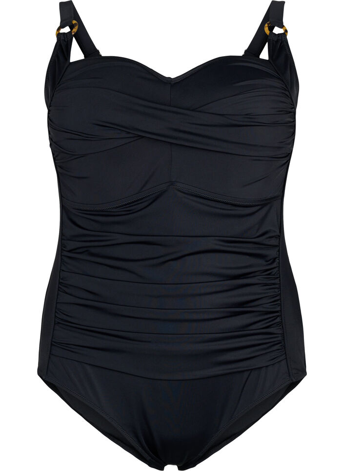 	 Gewatteerd badpak met draperie&euml;n, Zwart, Packshot image number 0