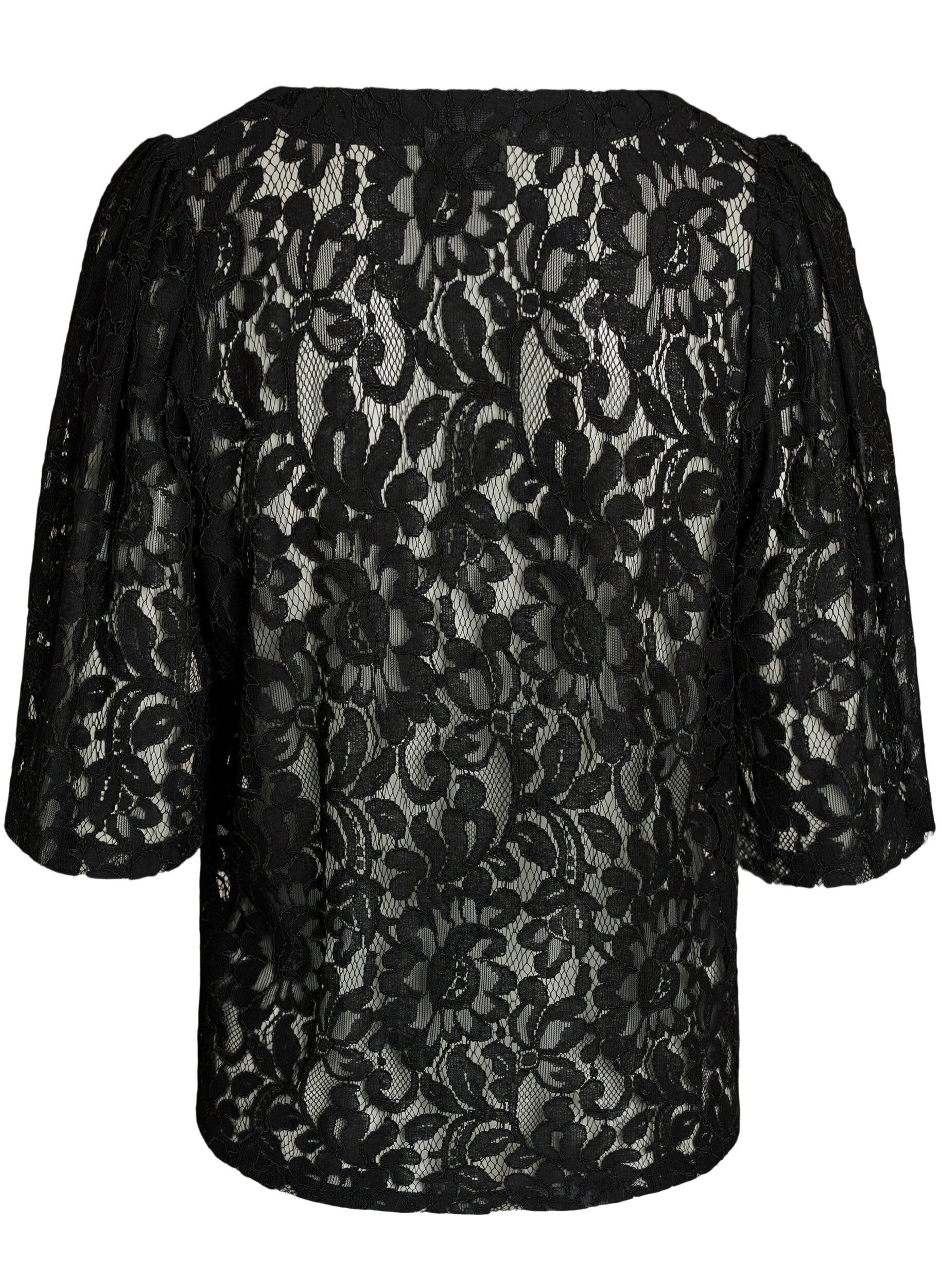 ZizziKanten blouse met korte mouwen en V-hals, Zwart, Packshot image number 1