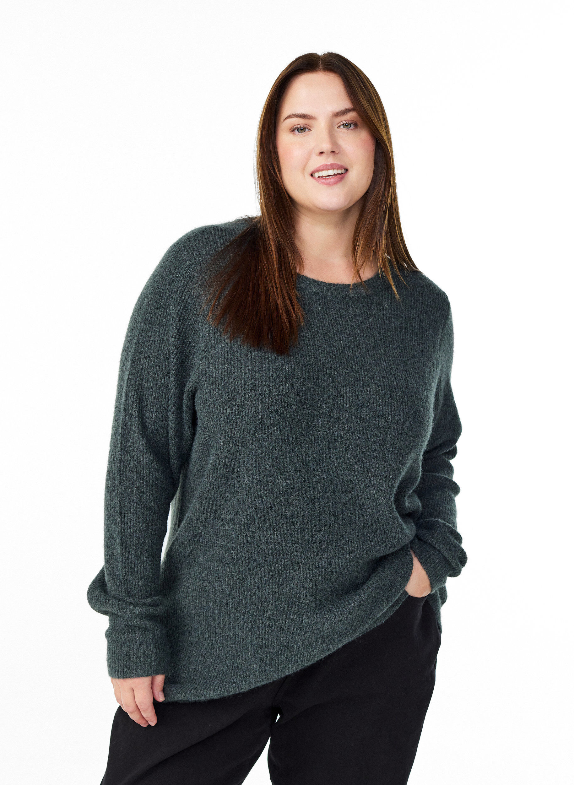 Blouse en maille chin&eacute;e &agrave; col rond, Vert fonc&eacute;, Model
