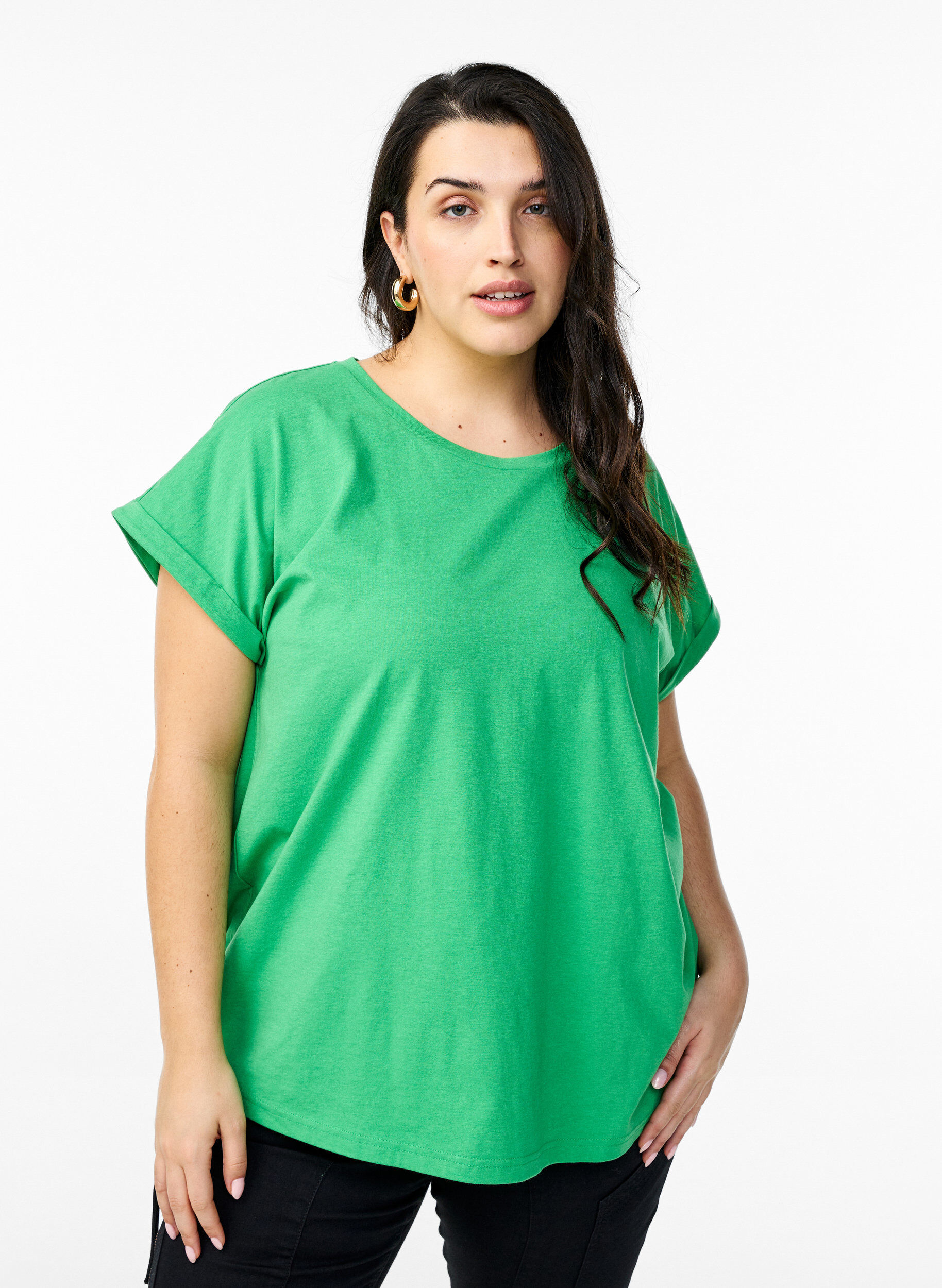 Zizzi T-shirt &agrave; manches courtes en coton m&eacute;lang&eacute;, Vert, Model image number 0