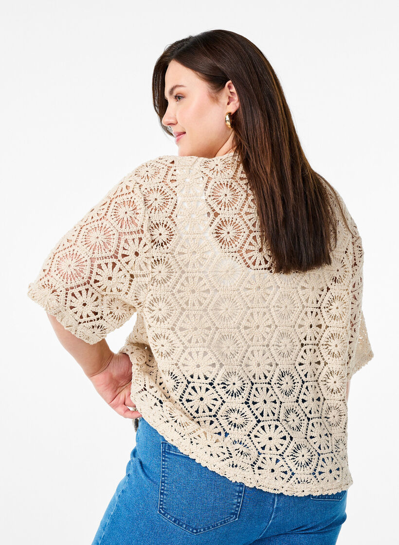 Cardigan met korte mouwen en haakwerk, Beige, Model image number 2