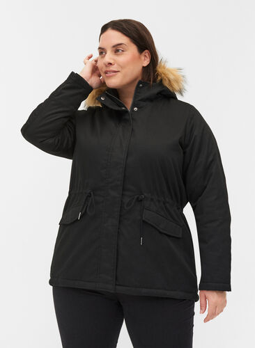 Short parka jacket with faux-fur hood, Black, Model image number 0