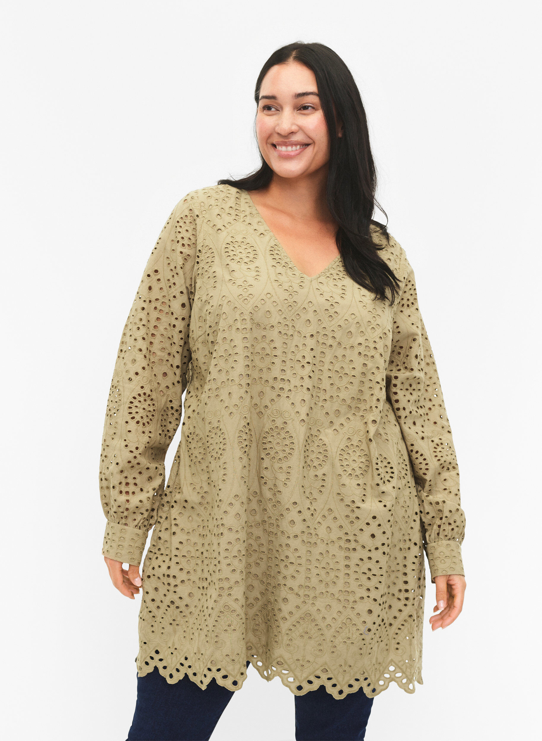 ZizziKatoenen tuniek met broderie anglaise, Coriander, Model image number 0