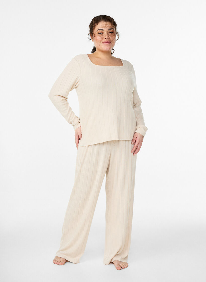 Pantalon de d&eacute;tente en jersey c&ocirc;tel&eacute; taille haute, Beige, Model image number 0