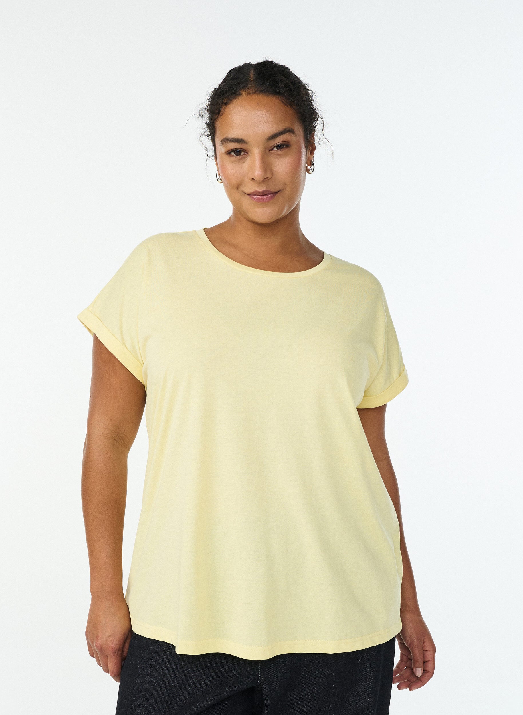 T-shirt met korte mouwen van katoenmix, Geel, Model