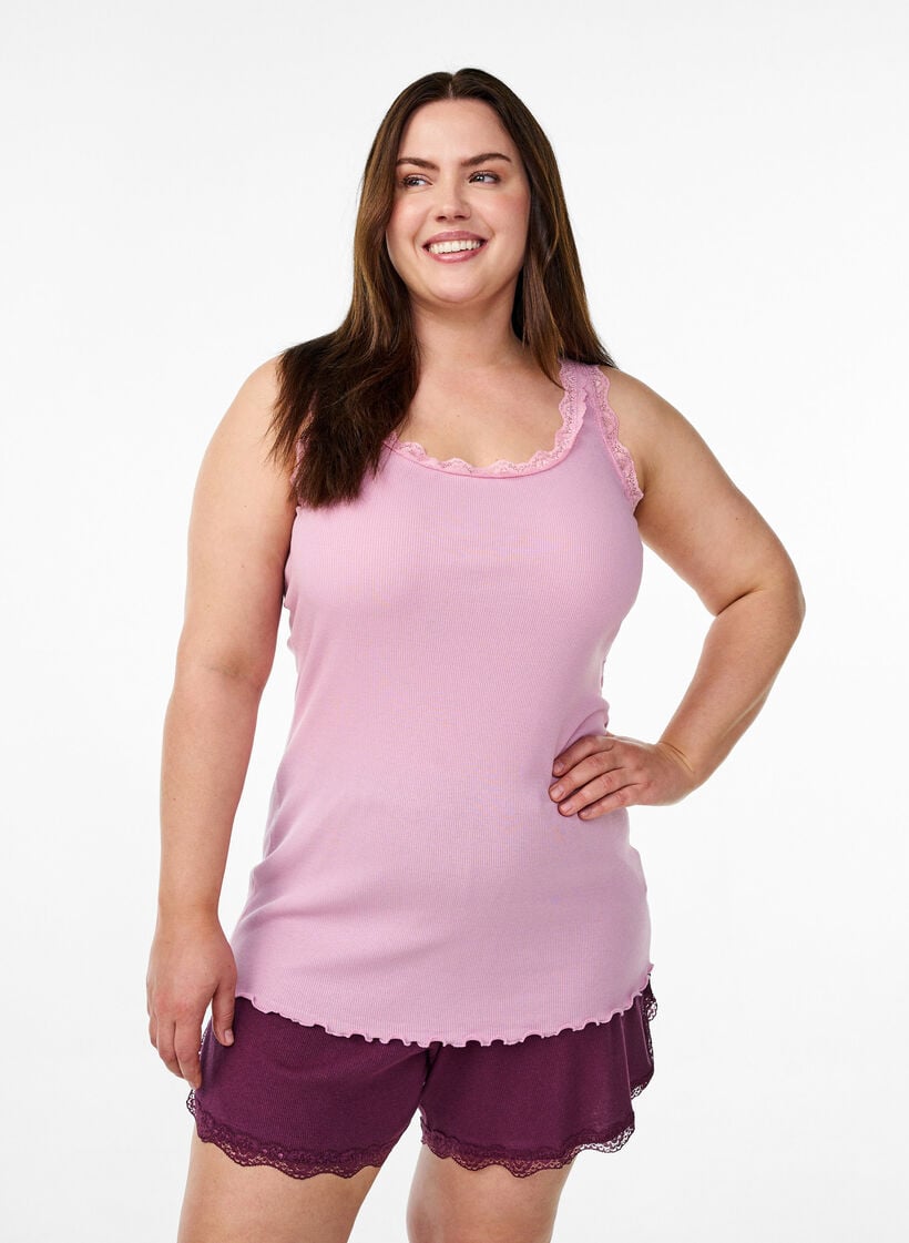Top met kanten rand, Roze, Model image number 0