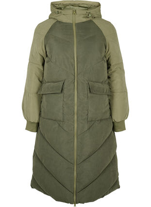 Veste d'hiver longue à capuche avec blocs de couleurs, Forest Night Comb, Packshot image number 0