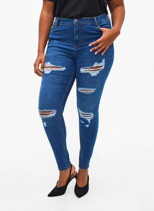 Slim fit jeans met slijtagedetails, Blue Denim, Model image number 2