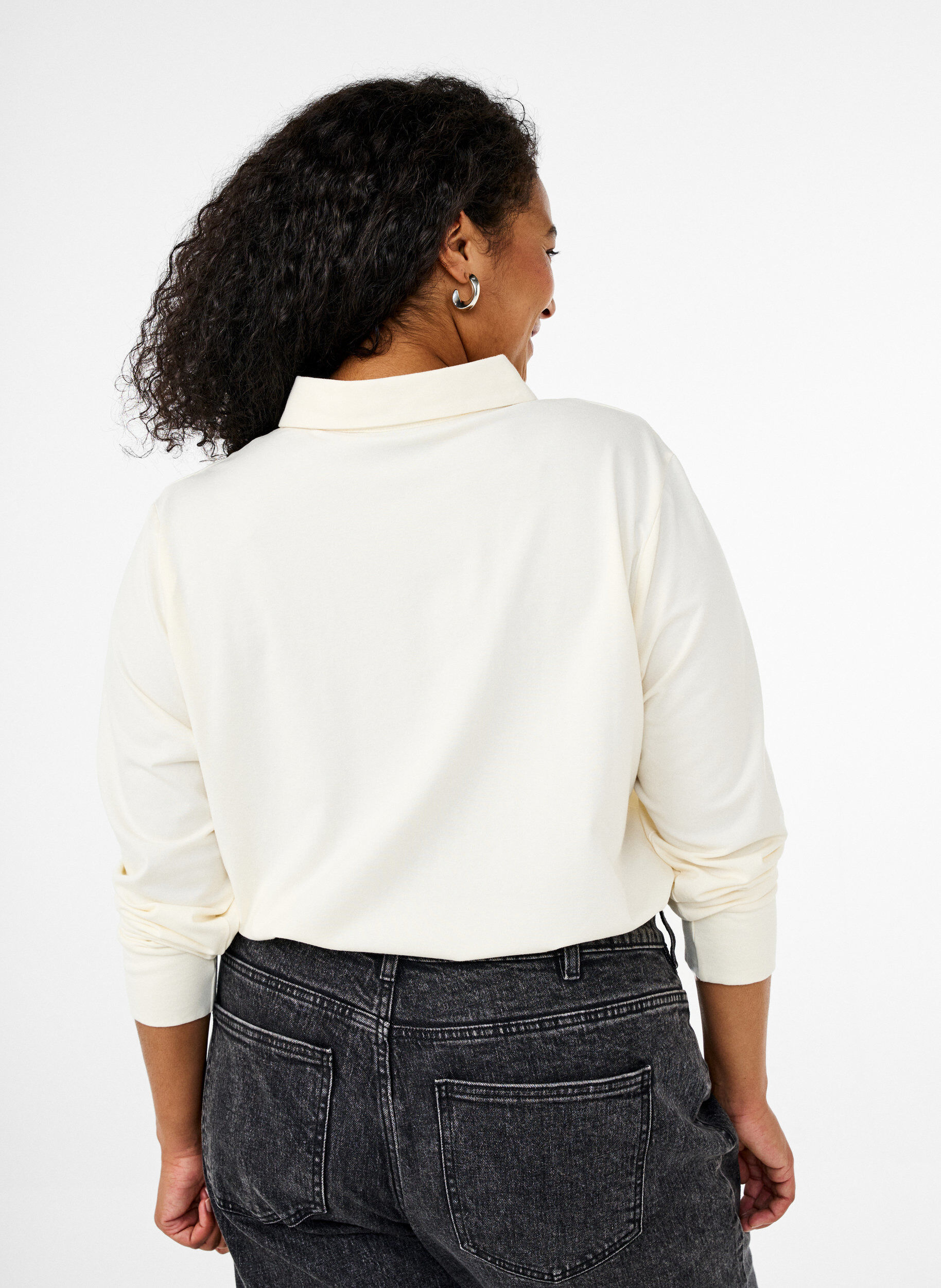 ZizziPolo shirt met lange mouwen en strepen, Vanille, Model image number 2