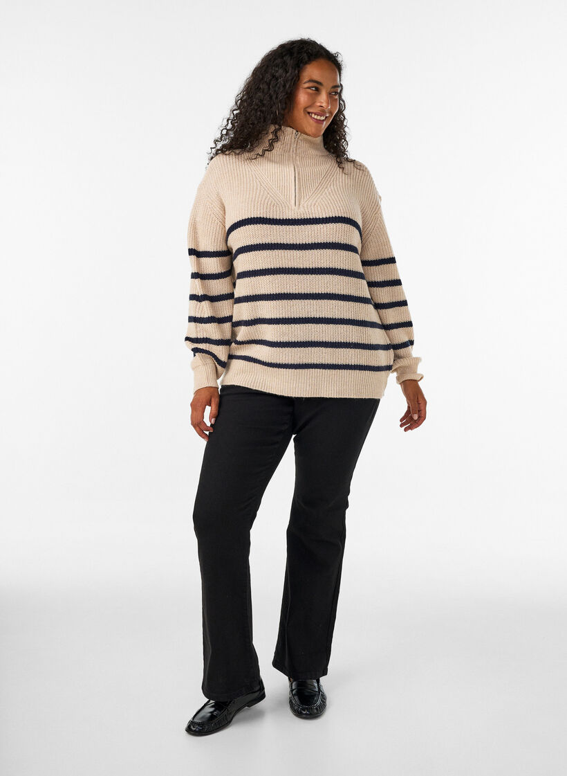 Gebreide trui met hoge hals en rits, Vanille, Model image number 1