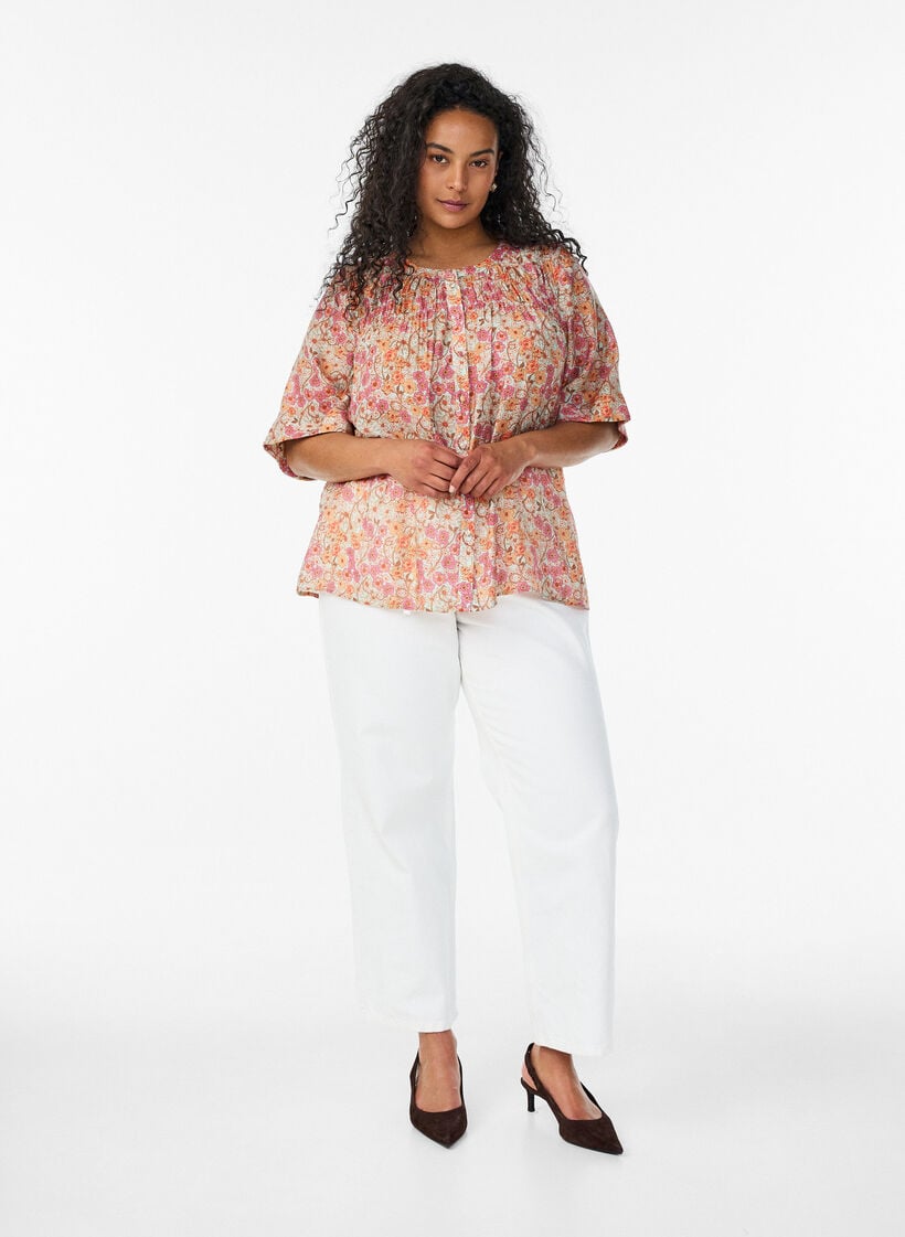 Blouse met bloemenprint van viscose, Oranje, Model image number 1