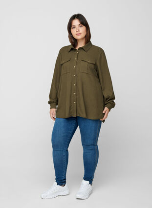 Gestructureerde blouse met borstzakken, Dark Green ASS, Model image number 2