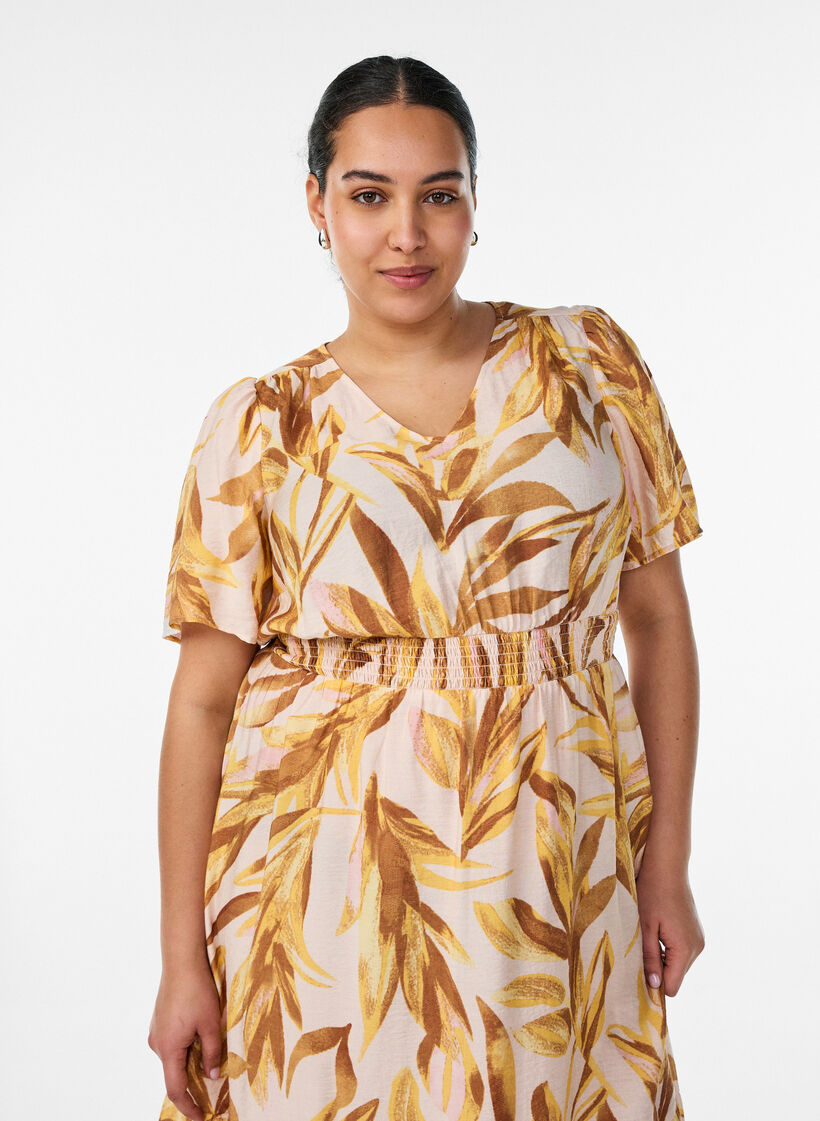 Viscose midijurk met bladprint en gesmokte taille, Geel, Model image number 2