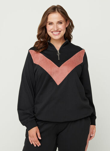 Sweatshirt met ritssluiting en hoge hals, Black w. Burlwood, Model image number 0