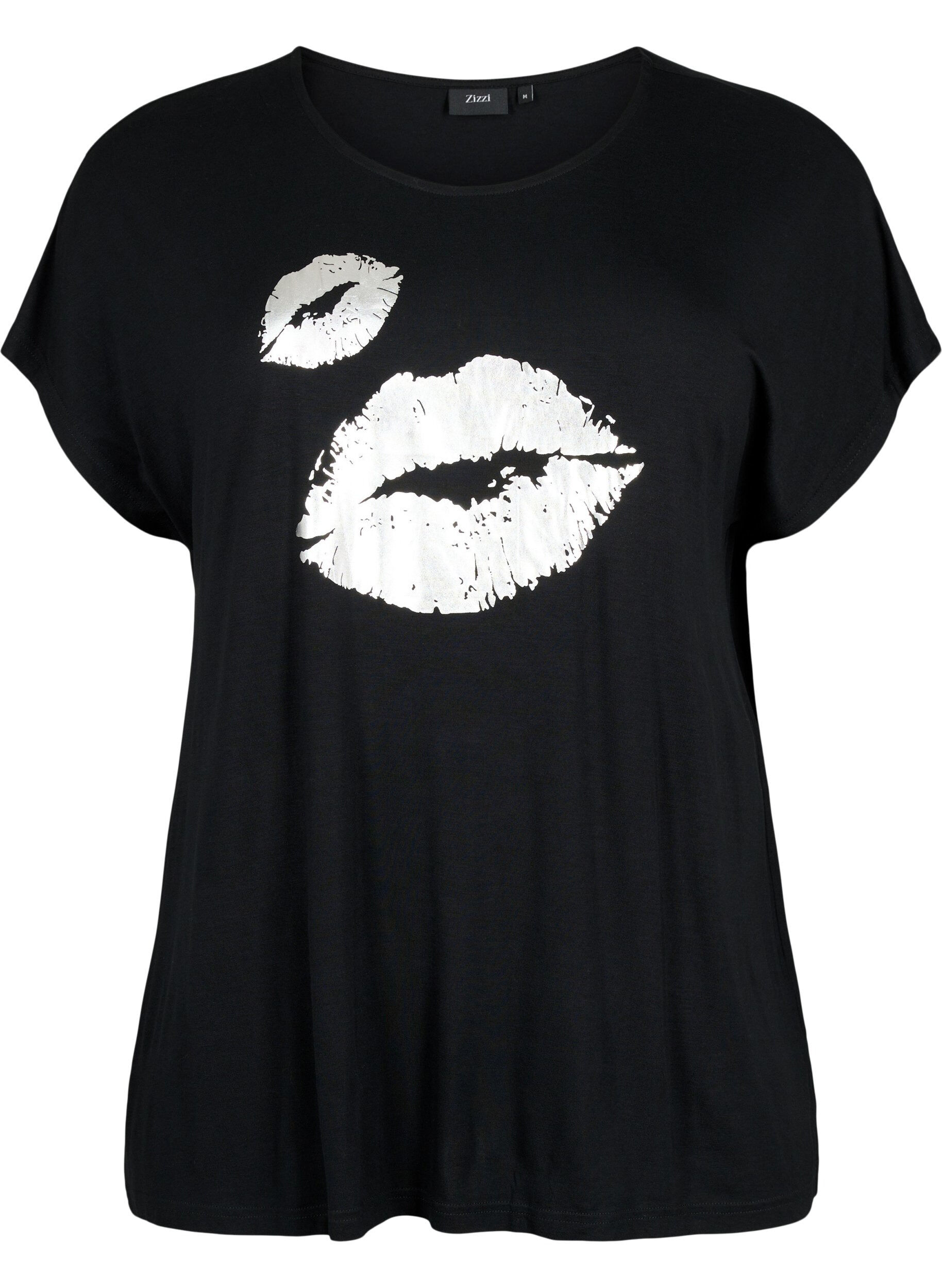Zizzi T-shirt &agrave; manches courtes en viscose avec imprim&eacute; , Black W. Lips, Packshot image number 0
