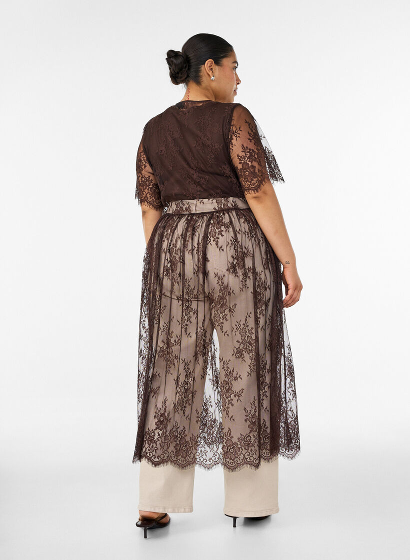Robe mi-longue en dentelle transparente &agrave; manches courtes, Marron, Model image number 1
