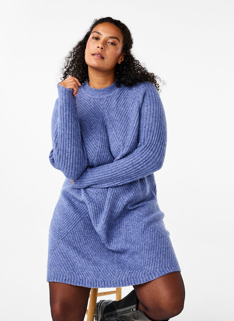 Robe courte côtelée à col rond, Grey Blue Mel., Image image number 0