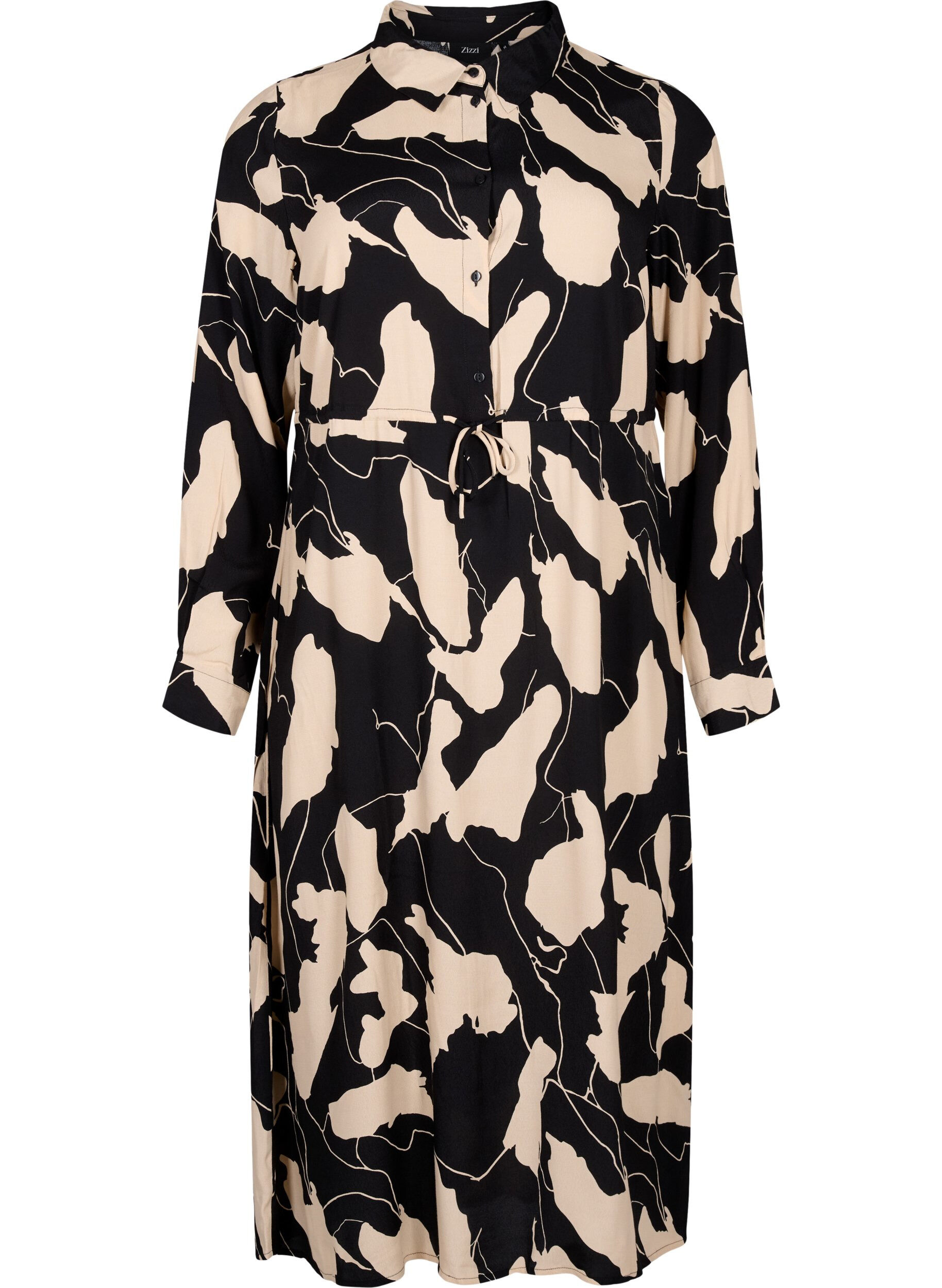 ZizziMidi-jurk met lange mouwen in viscose met print, Black AOP, Packshot image number 0
