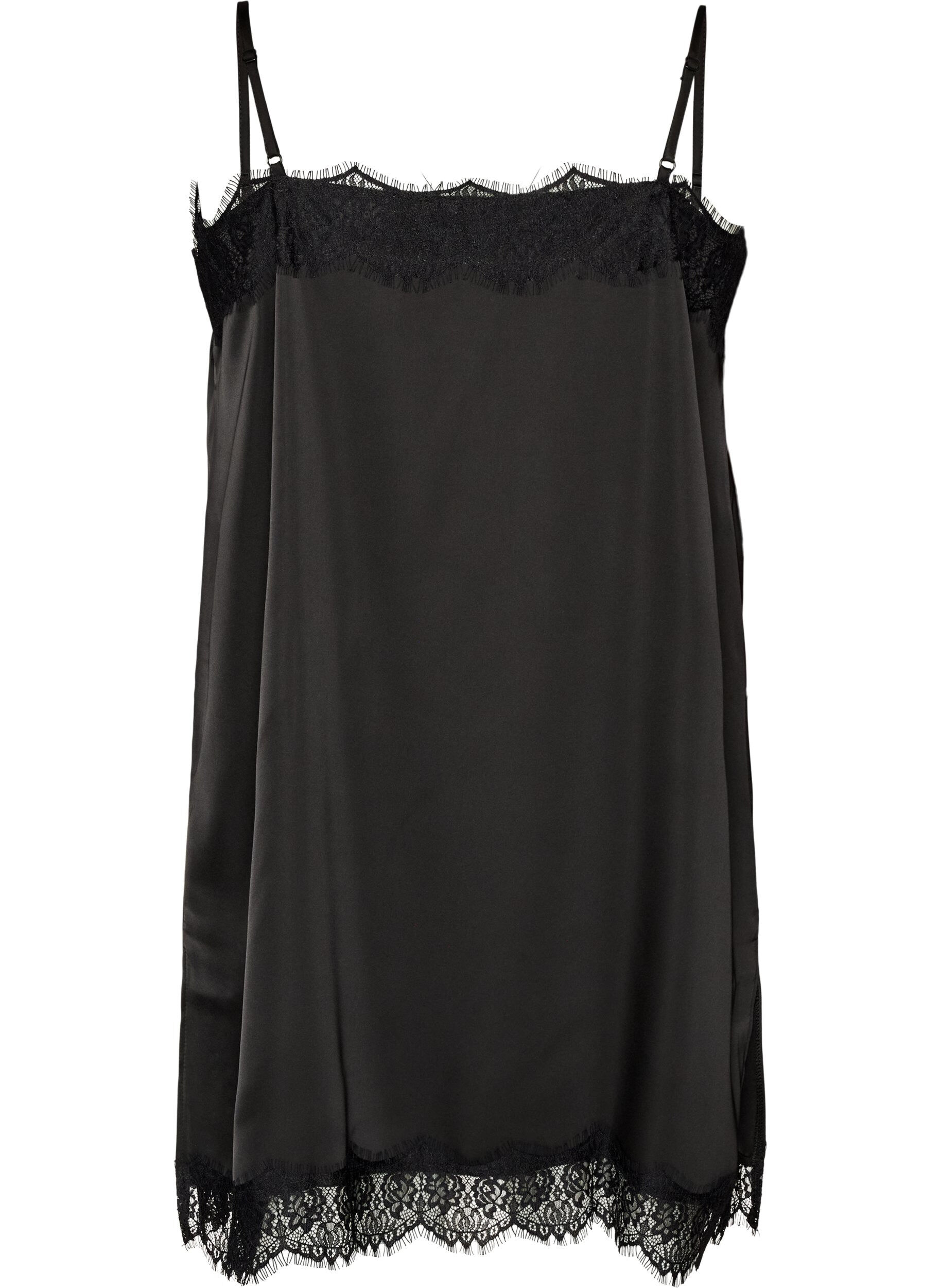 ZizziHaut long en satin bord&eacute; de dentelle, Noir, Packshot image number 1
