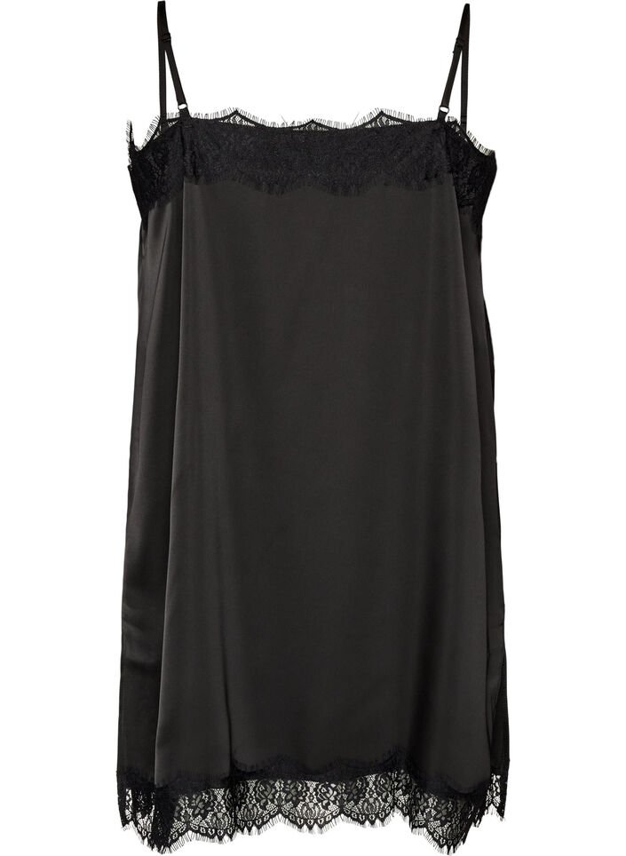 Haut long en satin bord&eacute; de dentelle, Noir, Packshot image number 1