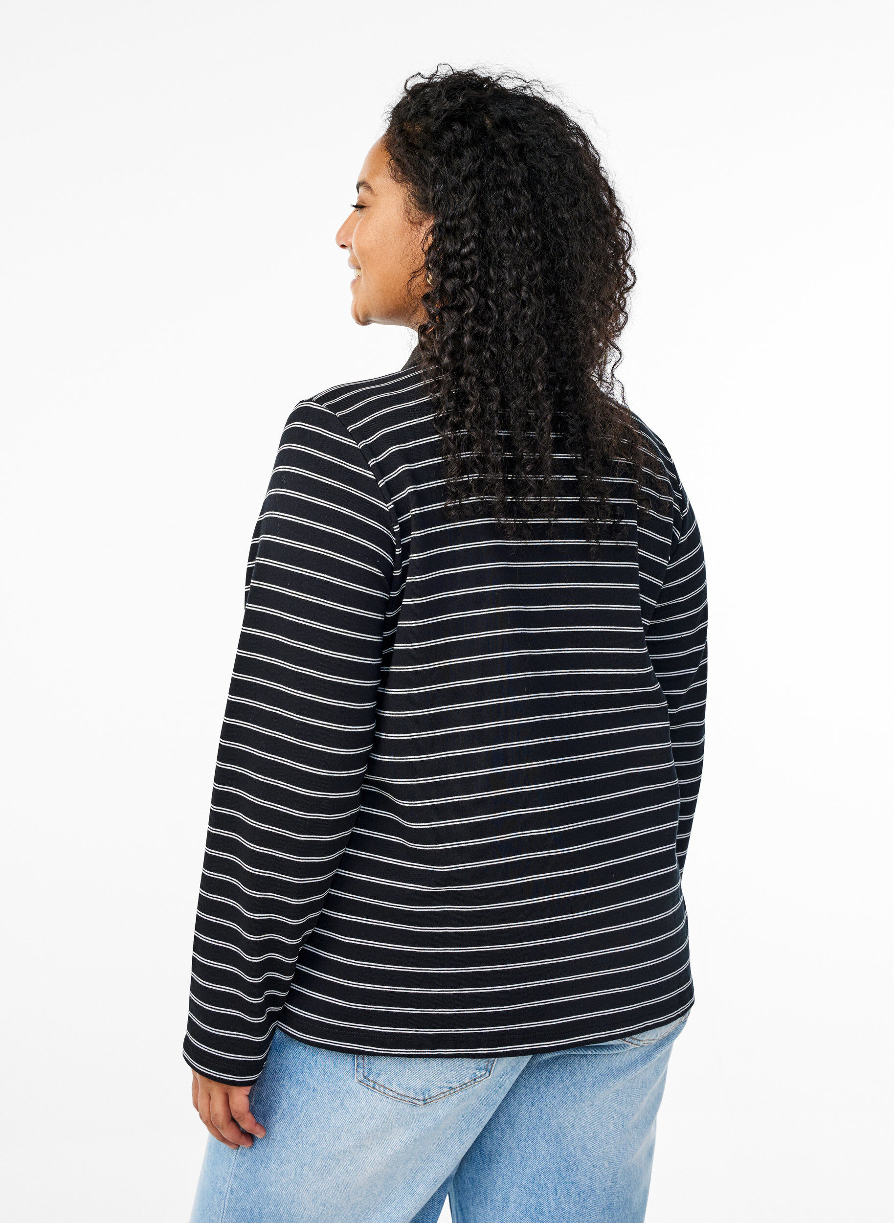 ZizziGestreept poloshirt met ritssluiting, Zwart, Model image number 2