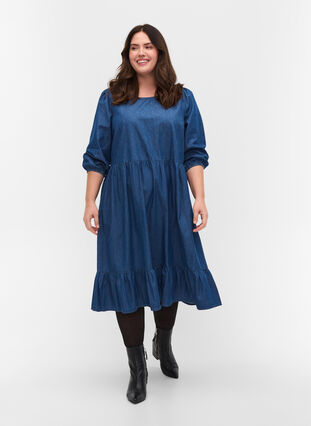 Robe en jean en coton à manches 3/4, Blue, Model image number 2