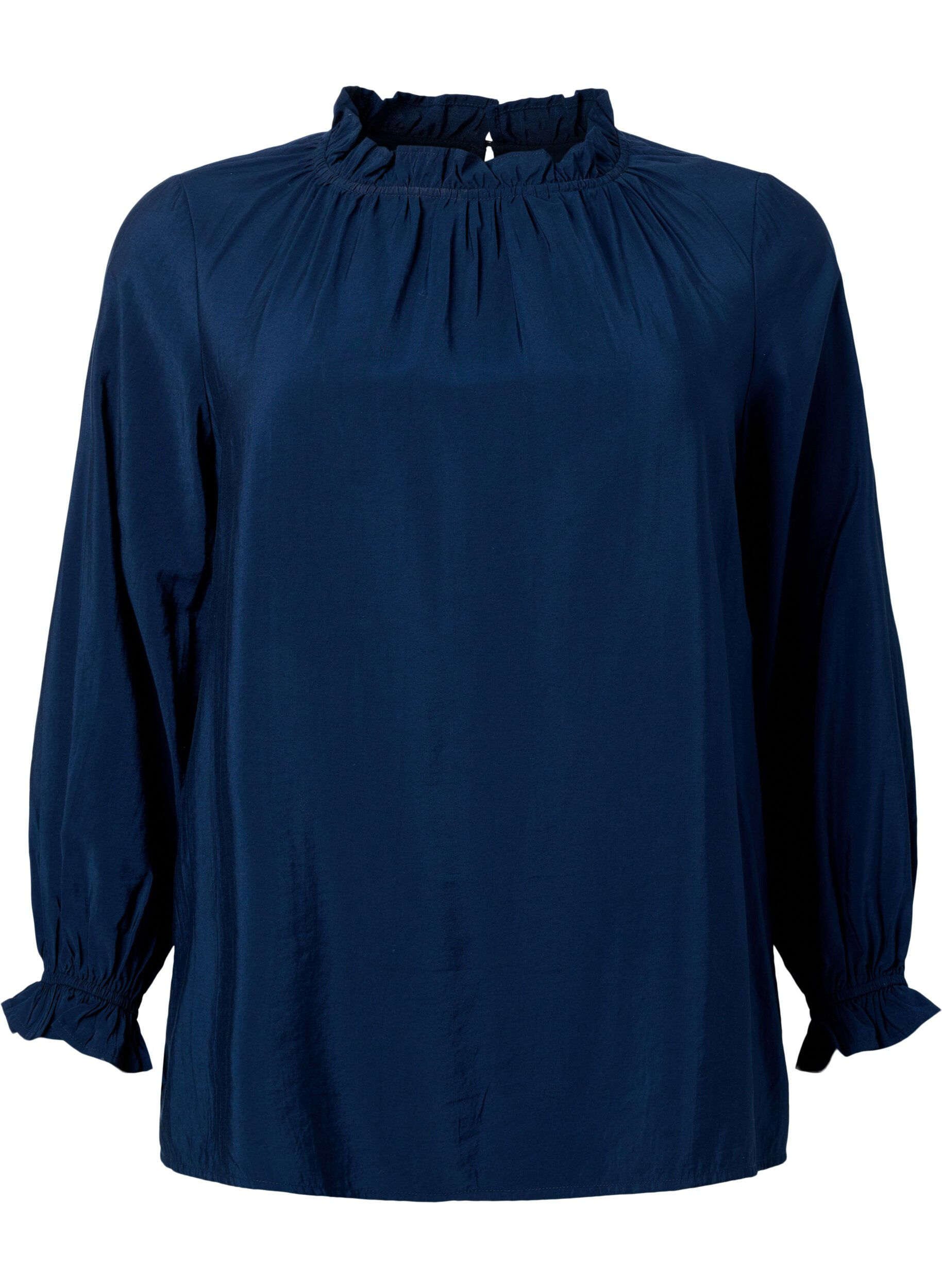 ZizziViscose blouse met lange mouwen en ruches, Total Eclipse, Packshot image number 0