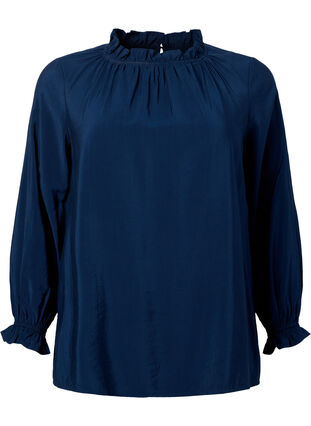Viscose blouse met lange mouwen en ruches, Total Eclipse, Packshot image number 0