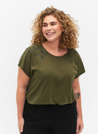 Katoenen t-shirt met bladprint, Ivy Green w Leaf, Model
