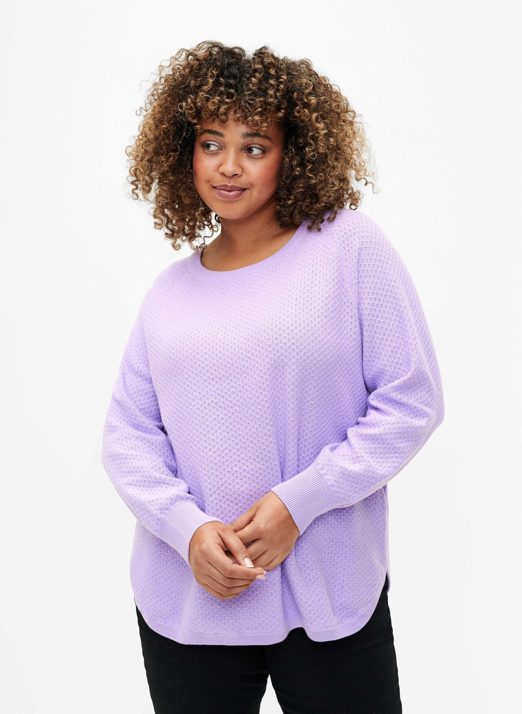 Zizzi Pull en coton biologique avec motif textur&eacute;., Lavender, Model image number 0