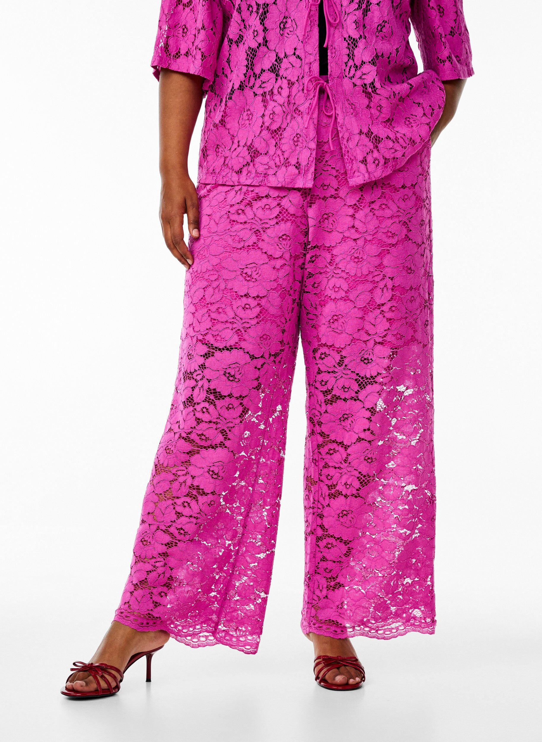 ZizziKanten broek met hoge taille en zakken, Roze, Model image number 2
